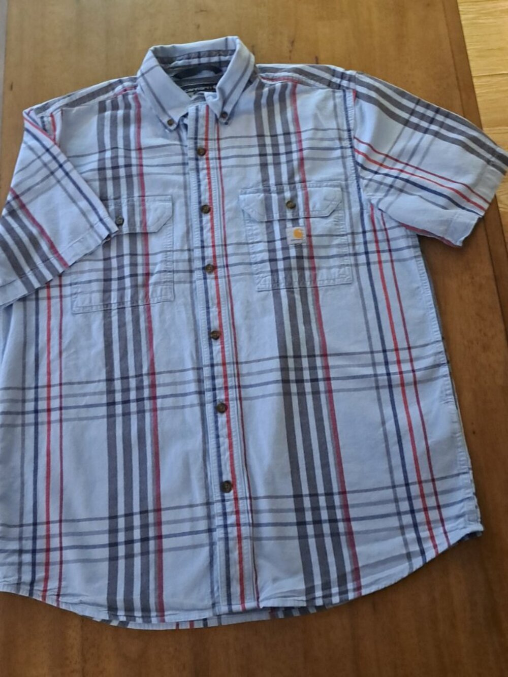 Carhartt Med Mens Loose Fit Plaid Short Sleeve Button Up Shirt Blue red cotton